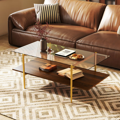 2-Tier Glass Coffee Table Rectangle Center Table with Tampered Glass Tabletop-Brown
