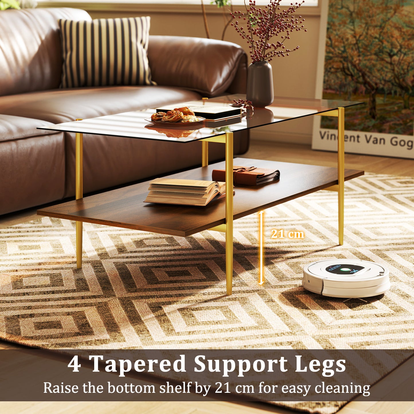 2-Tier Glass Coffee Table Rectangle Center Table with Tampered Glass Tabletop-Brown