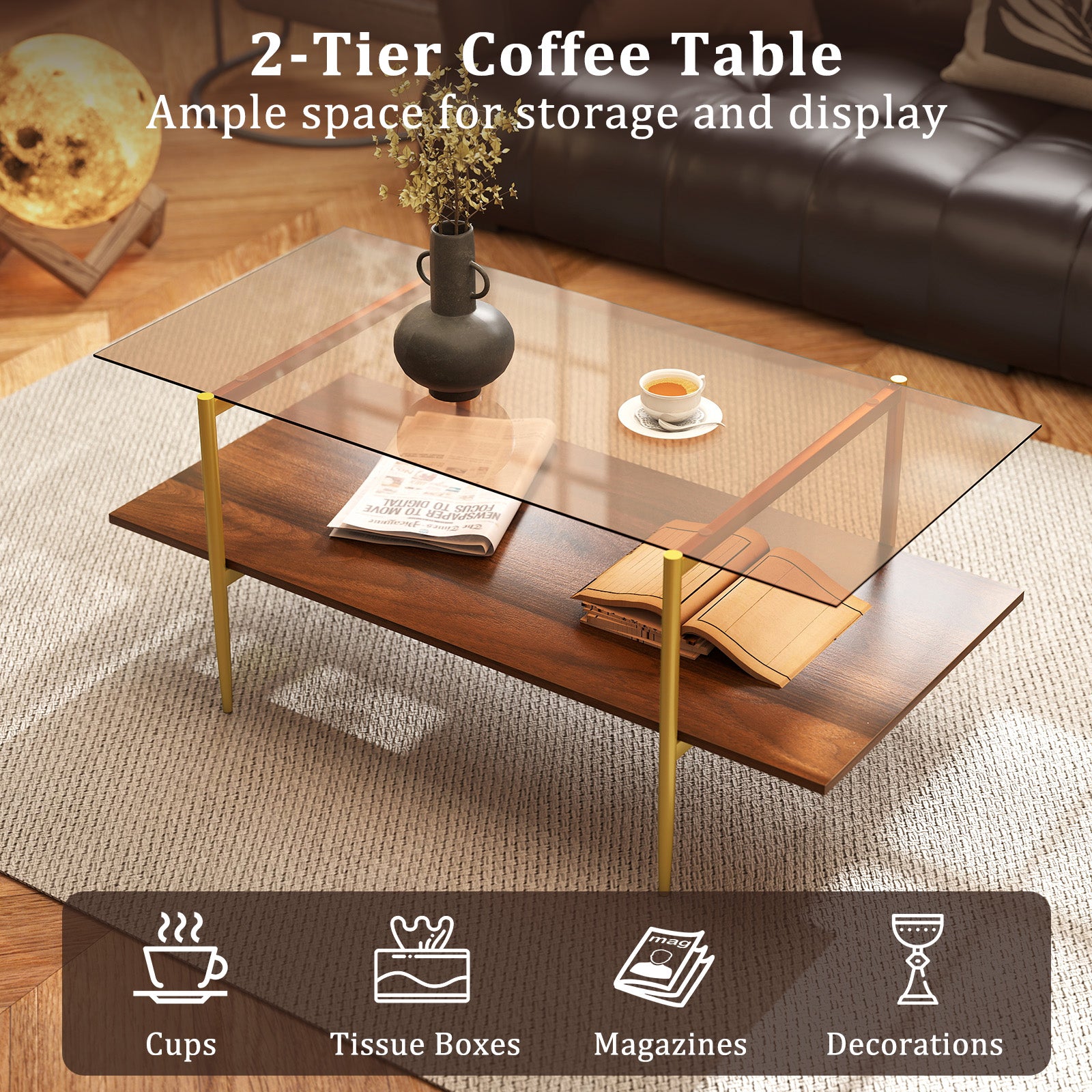 2-Tier Glass Coffee Table Rectangle Center Table with Tampered Glass Tabletop-Brown