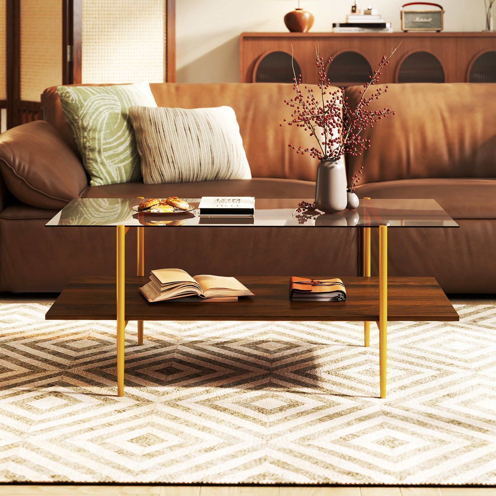 2-Tier Glass Coffee Table Rectangle Center Table with Tampered Glass Tabletop-Brown