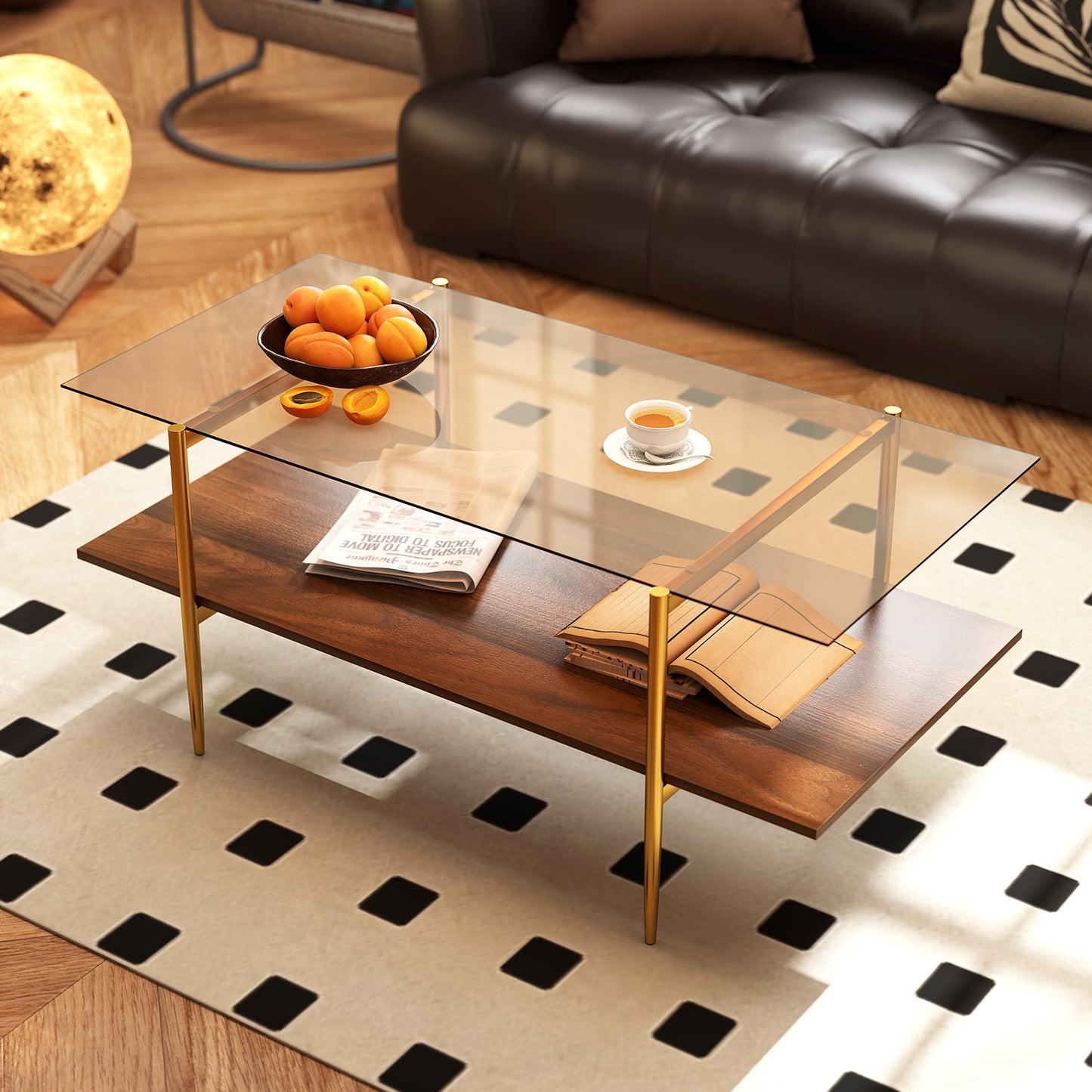2-Tier Glass Coffee Table Rectangle Center Table with Tampered Glass Tabletop-Brown
