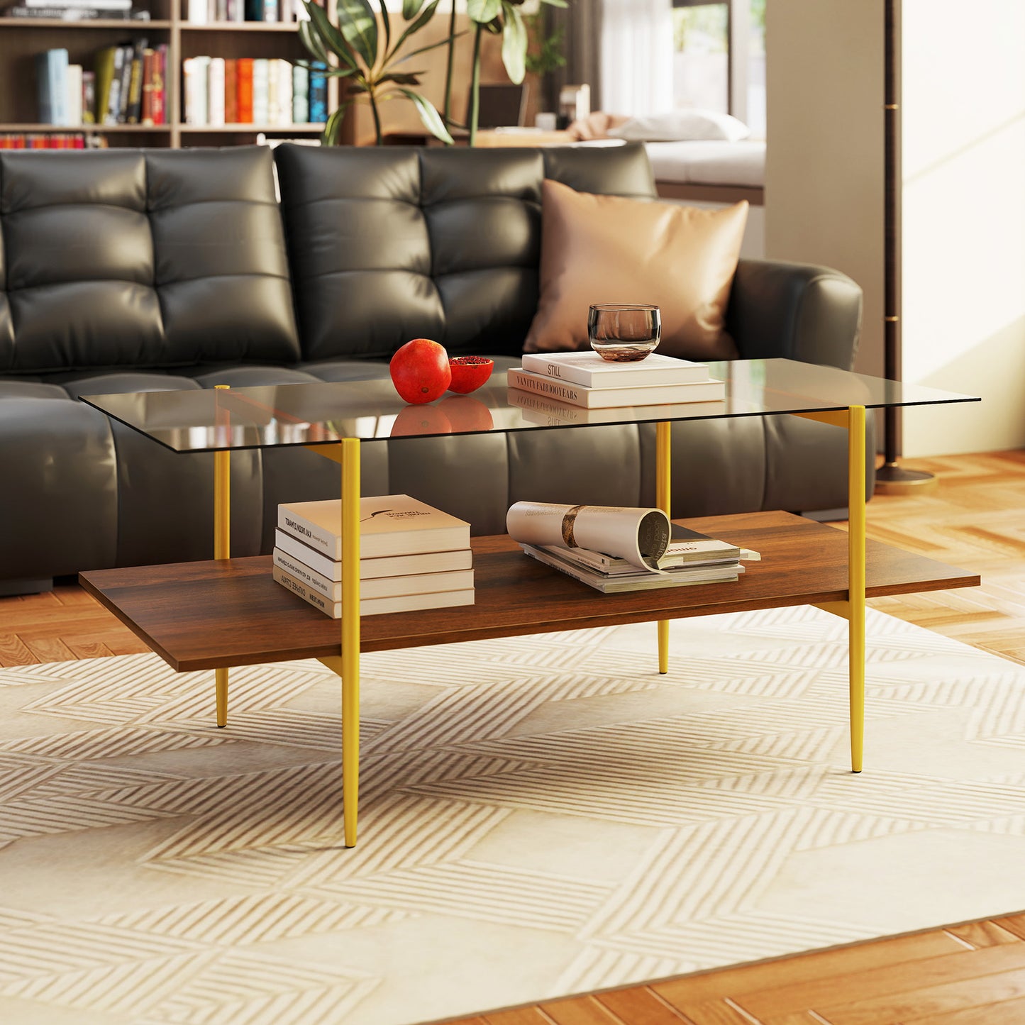 2-Tier Glass Coffee Table Rectangle Center Table with Tampered Glass Tabletop-Brown