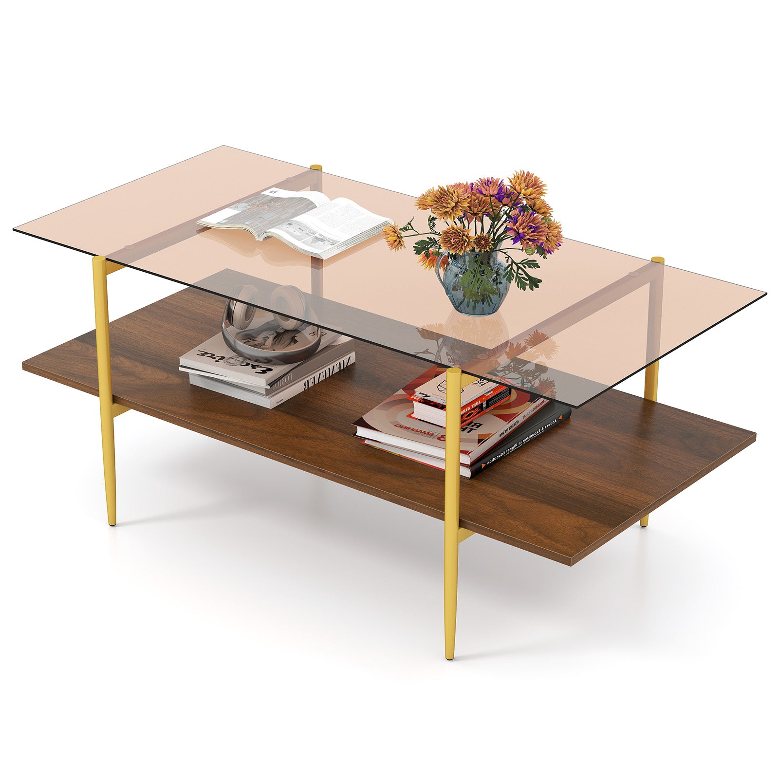 2-Tier Glass Coffee Table Rectangle Center Table with Tampered Glass Tabletop-Brown