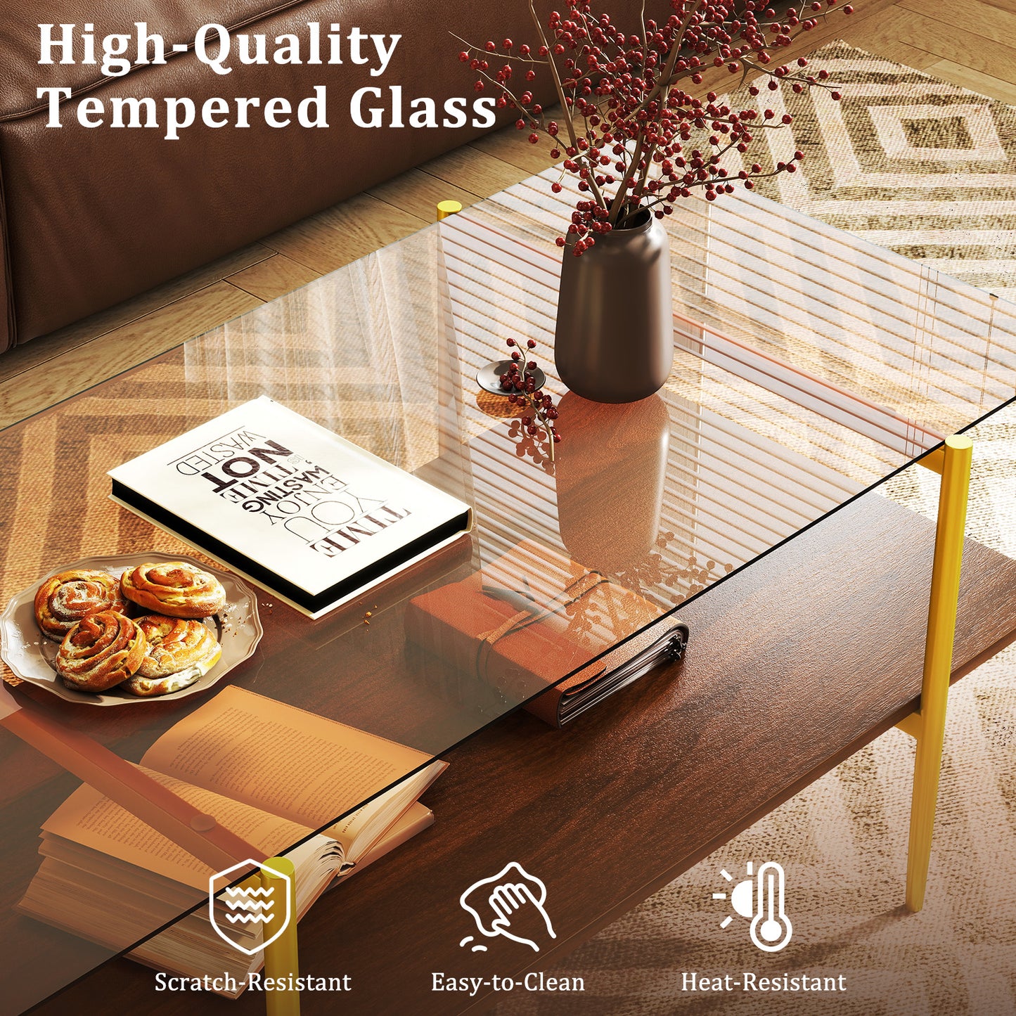 2-Tier Glass Coffee Table Rectangle Center Table with Tampered Glass Tabletop-Brown