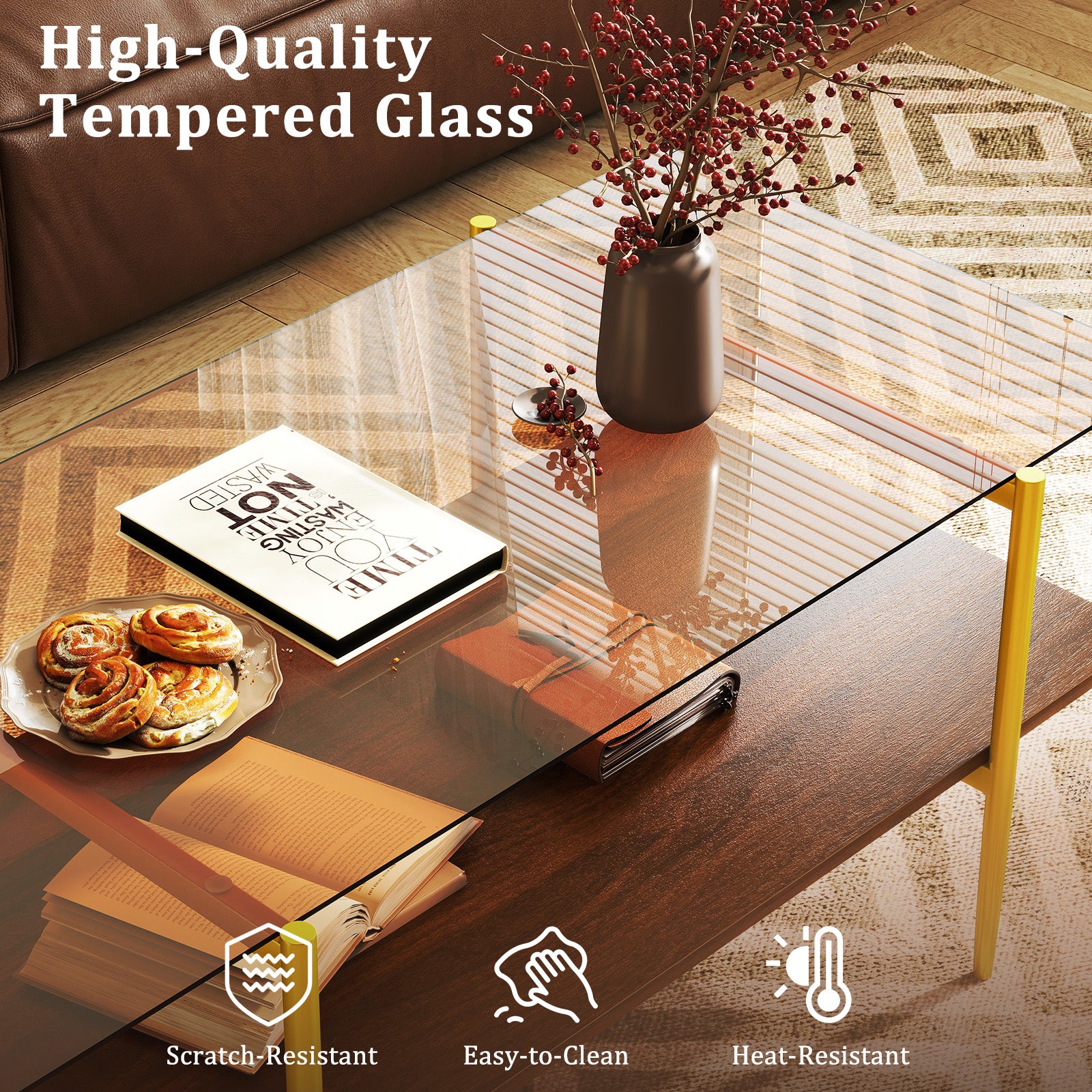 2-Tier Glass Coffee Table Rectangle Center Table with Tampered Glass Tabletop-Brown