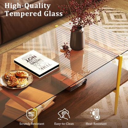 2-Tier Glass Coffee Table Rectangle Center Table with Tampered Glass Tabletop-Brown