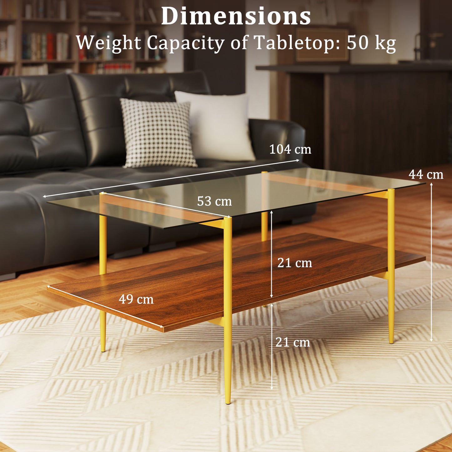 2-Tier Glass Coffee Table Rectangle Center Table with Tampered Glass Tabletop-Brown