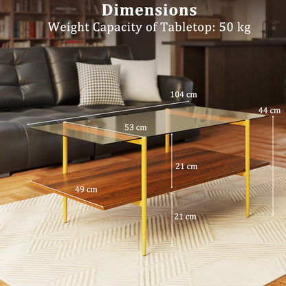 2-Tier Glass Coffee Table Rectangle Center Table with Tampered Glass Tabletop-Brown