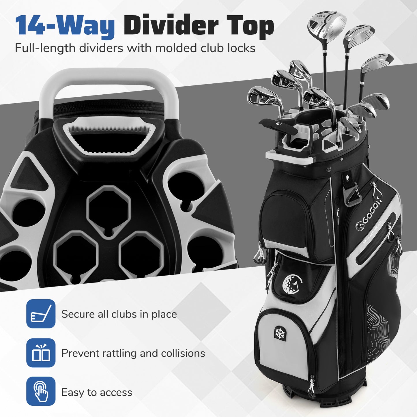 Golf Cart Bag Molded Lock Top Golf Bag with 14-Way Full Length Dividers-Grey