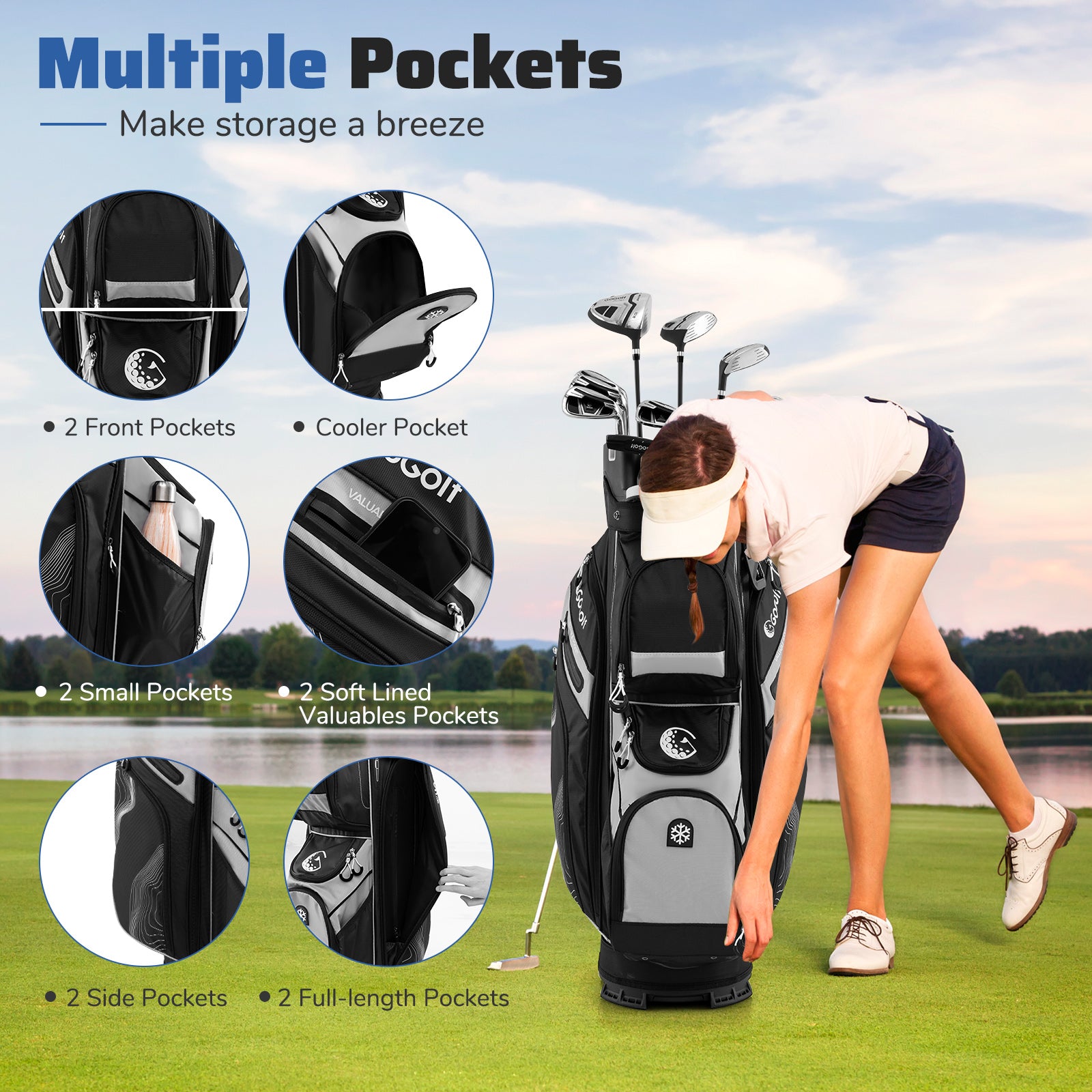 Golf Cart Bag Molded Lock Top Golf Bag with 14-Way Full Length Dividers-Grey
