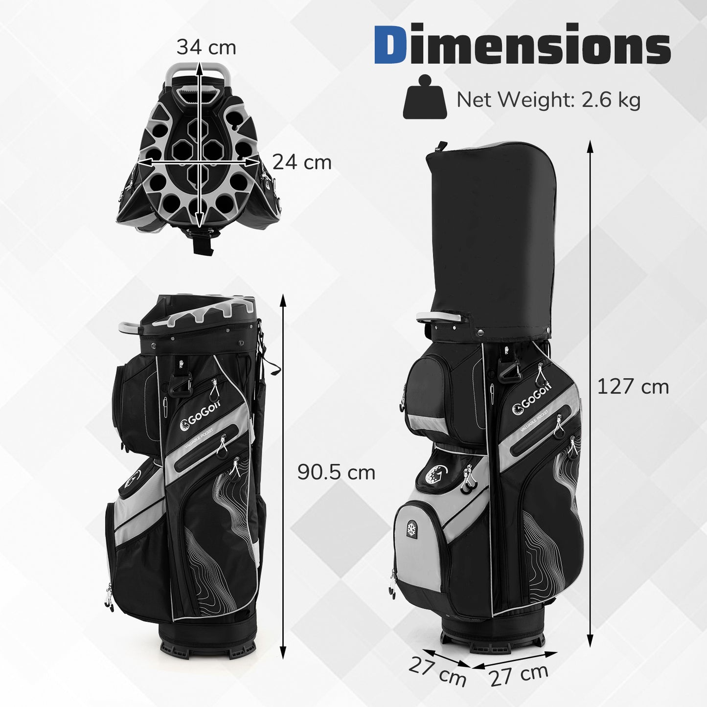 Golf Cart Bag Molded Lock Top Golf Bag with 14-Way Full Length Dividers-Grey