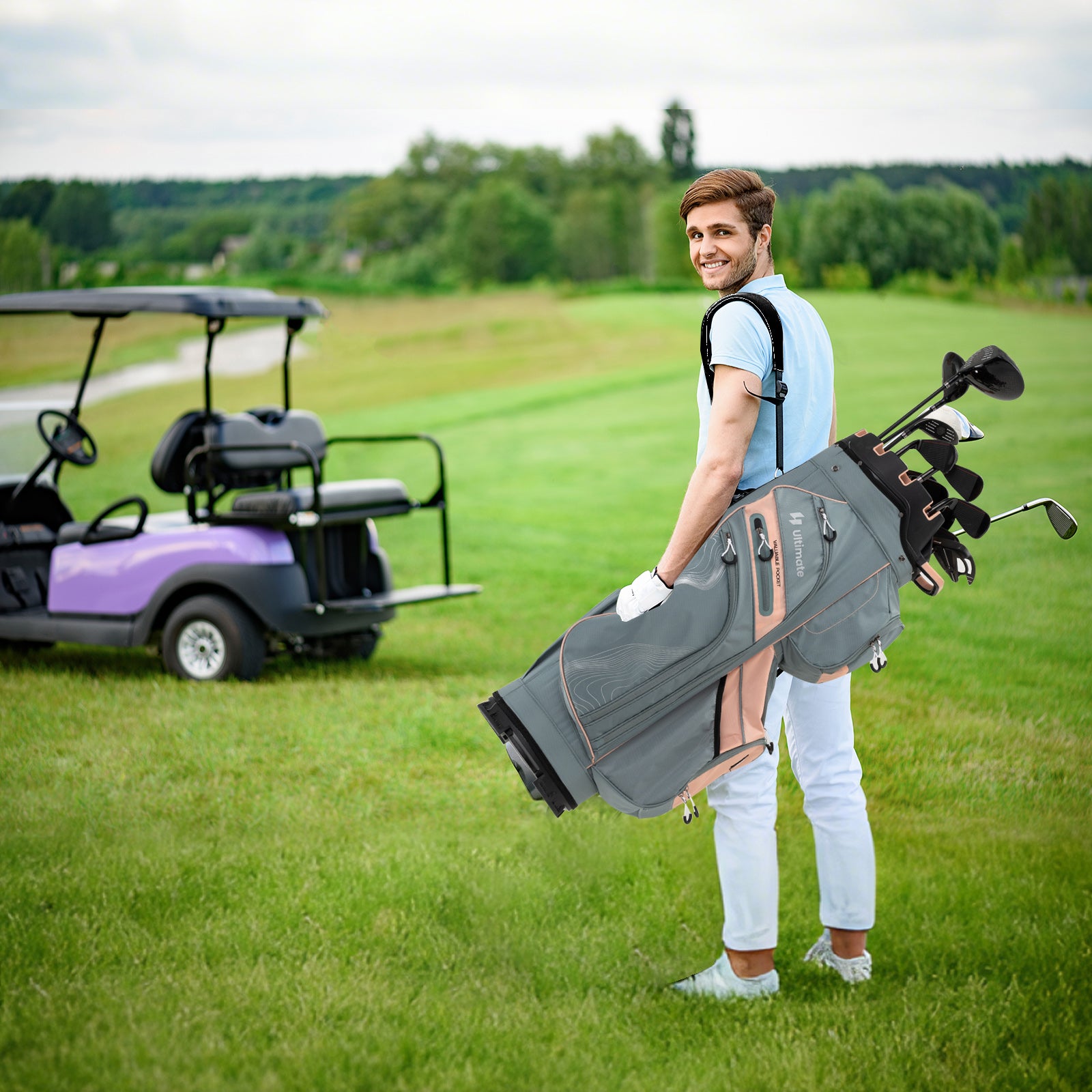 Golf Cart Bag Molded Lock Top Golf Bag with 14-Way Full Length Dividers-Light Pink