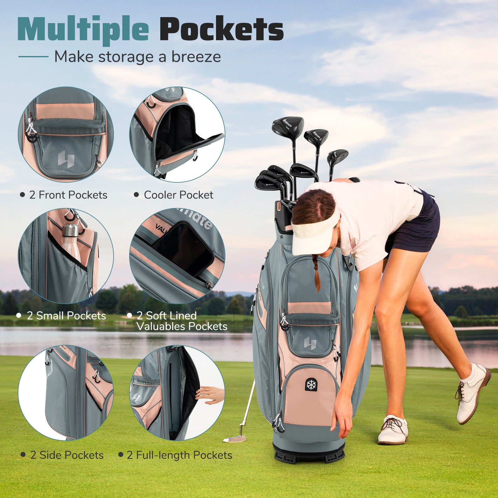 Golf Cart Bag Molded Lock Top Golf Bag with 14-Way Full Length Dividers-Light Pink