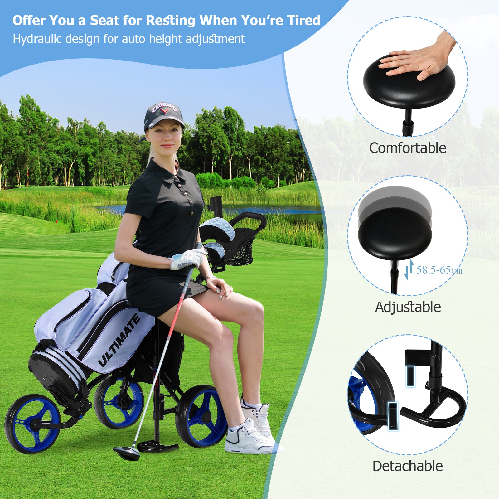 Golf Push Pull Cart Lightweight 3 Wheels Golf Push Cart-Blue
