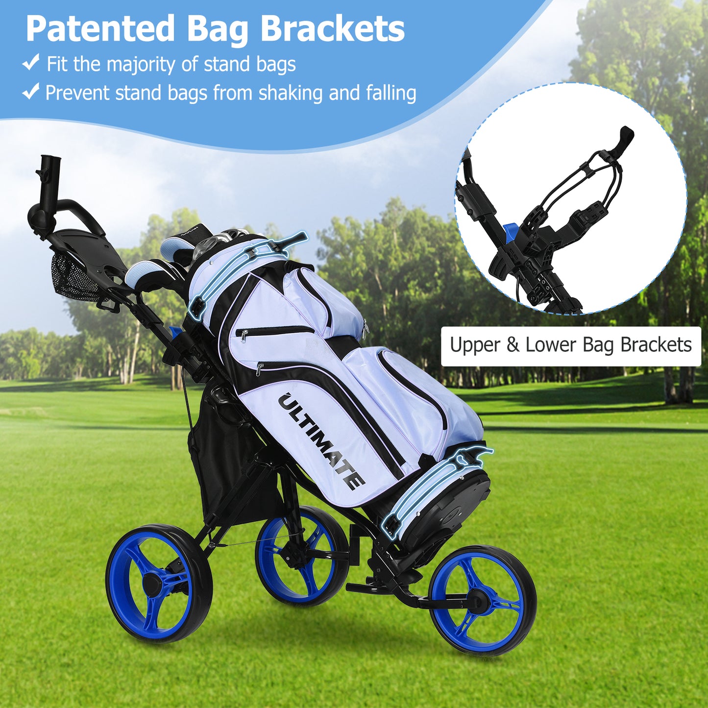 Golf Push Pull Cart Lightweight 3 Wheels Golf Push Cart-Blue