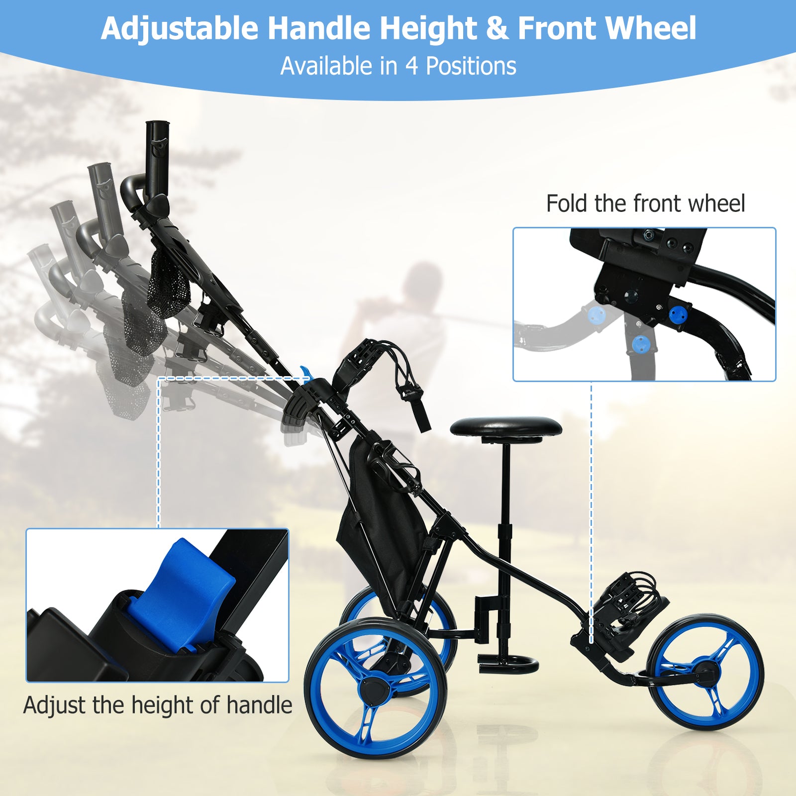 Golf Push Pull Cart Lightweight 3 Wheels Golf Push Cart-Blue