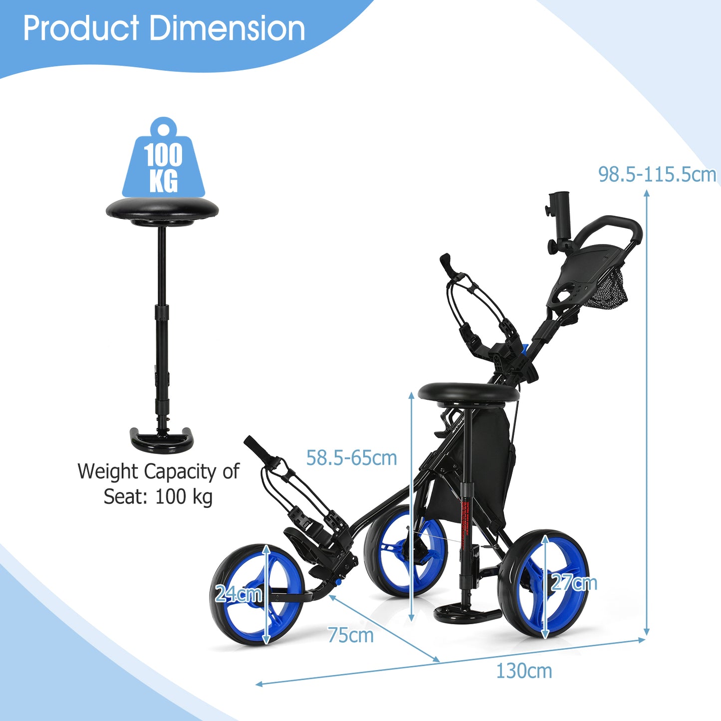 Golf Push Pull Cart Lightweight 3 Wheels Golf Push Cart-Blue