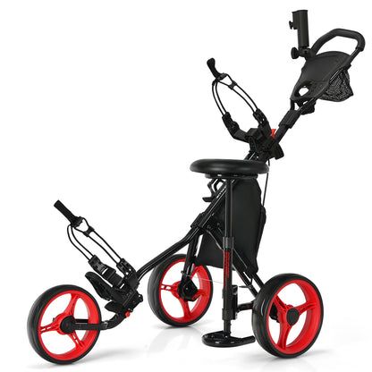 Golf Push Pull Cart Lightweight 3 Wheels Golf Push Cart-Red