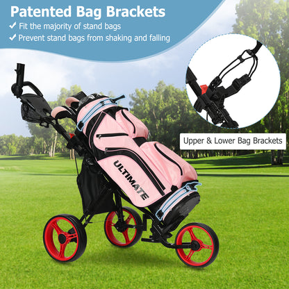 Golf Push Pull Cart Lightweight 3 Wheels Golf Push Cart-Red