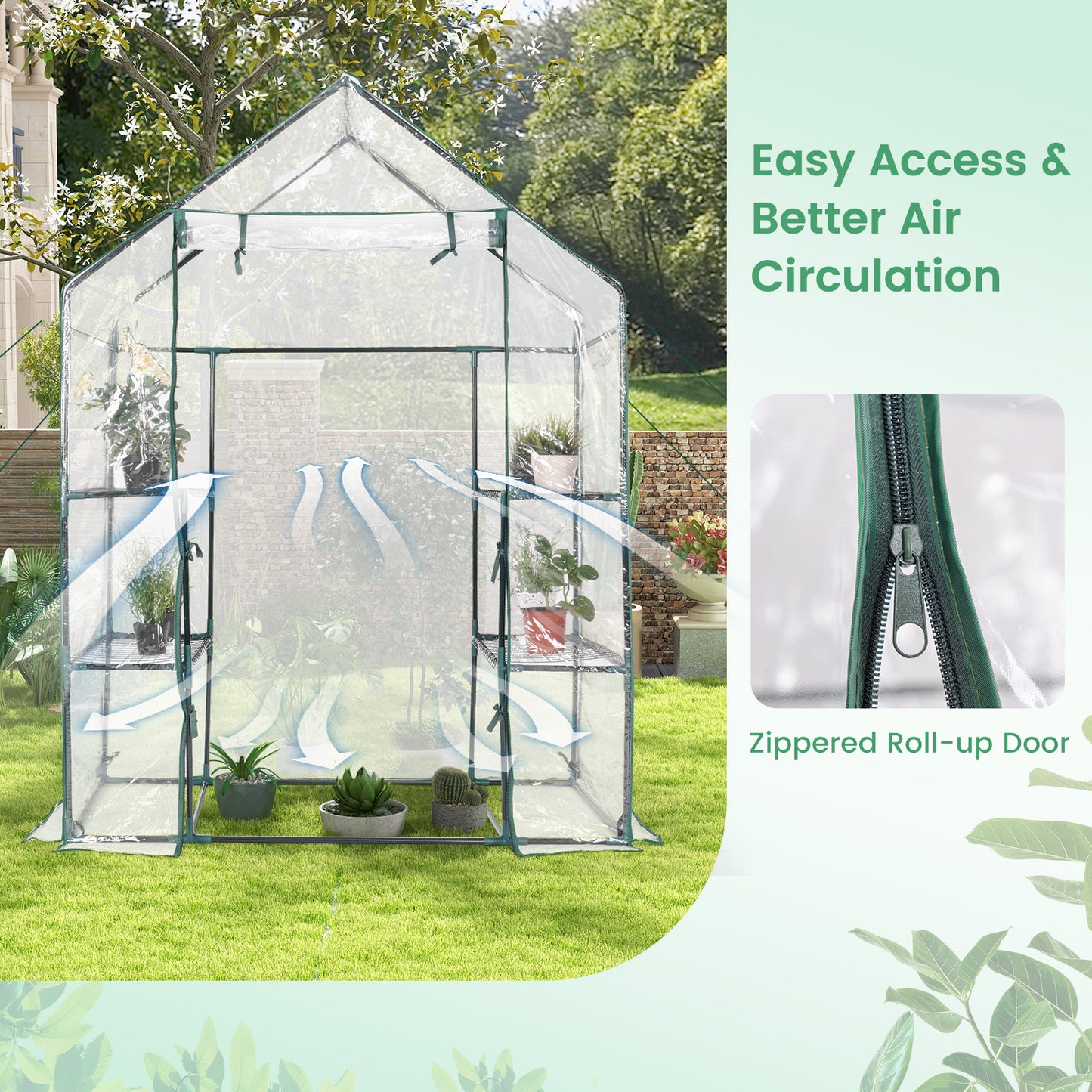 Greenhouse Outdoor Large Walk-in Plant Green House with 3 Tier Shelves-Green