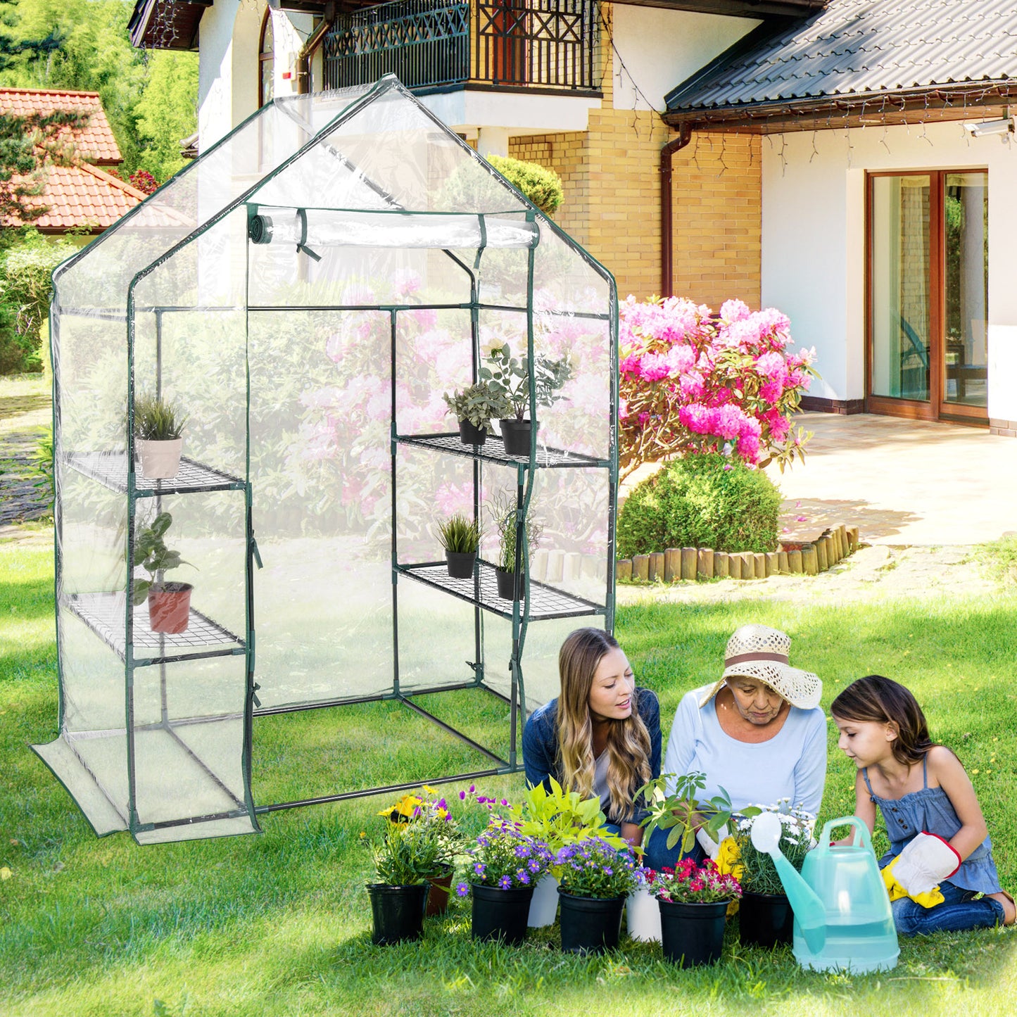 Greenhouse Outdoor Large Walk-in Plant Green House with 3 Tier Shelves-Green