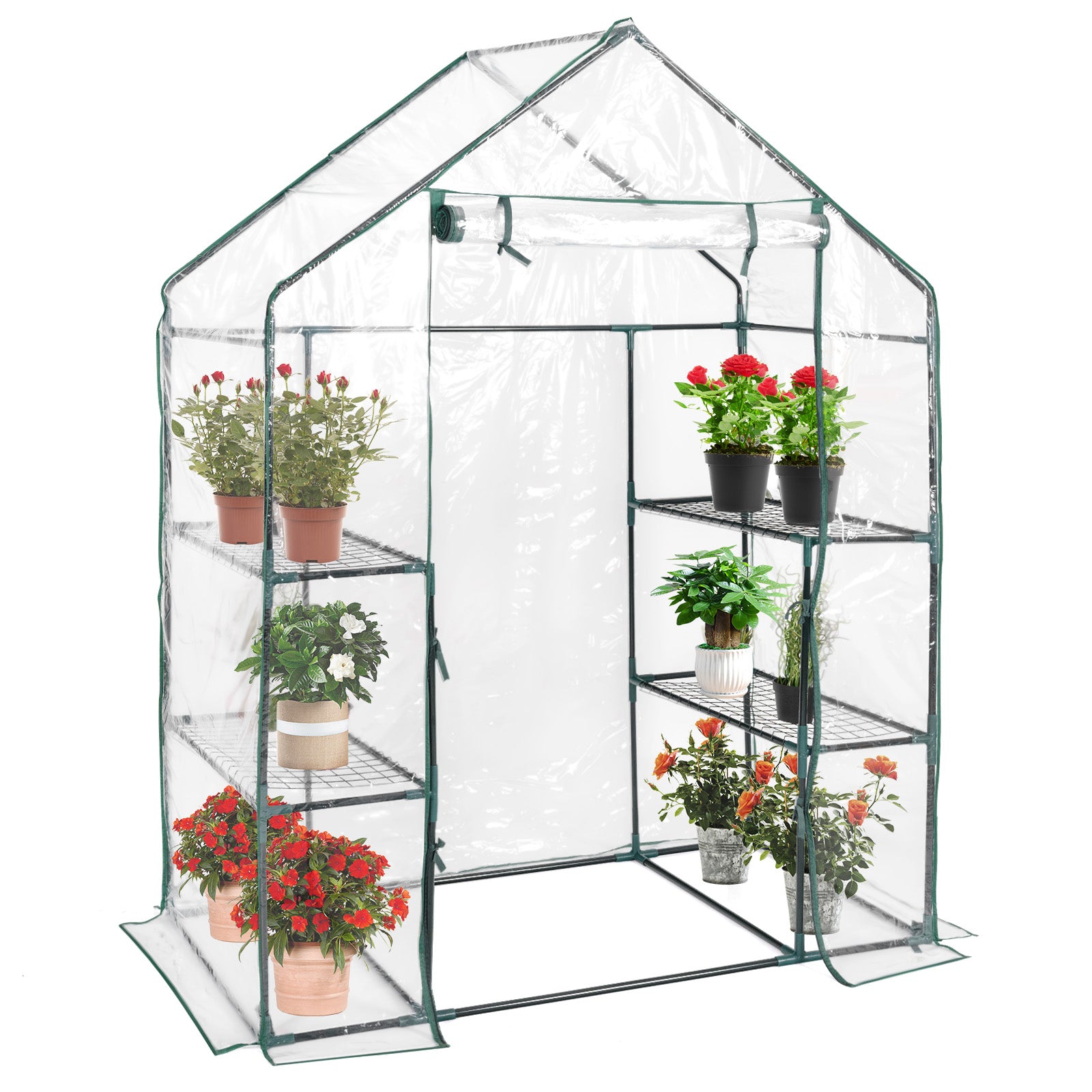Greenhouse Outdoor Large Walk-in Plant Green House with 3 Tier Shelves-Green