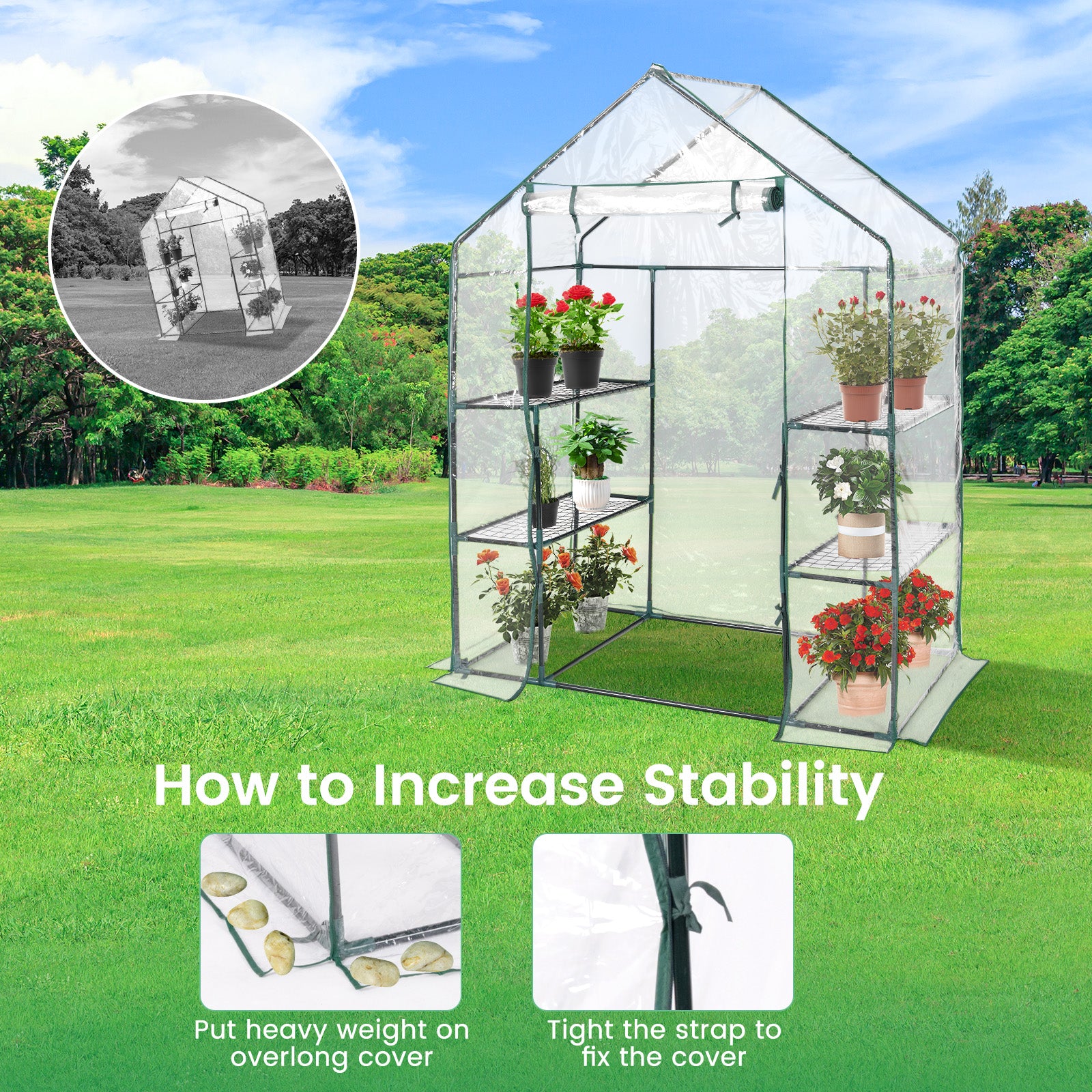 Greenhouse Outdoor Large Walk-in Plant Green House with 3 Tier Shelves-Green