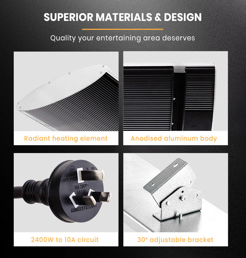 1800W Outdoor Electric Strip Heater, 2.4m Radiant Heat Bar with Swivel Mount