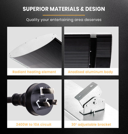 1800W Outdoor Electric Strip Heater, 2.4m Radiant Heat Bar with Swivel Mount