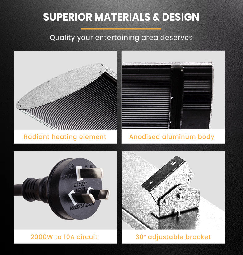 2000W Outdoor Electric Radiant Heater, 2m Slimline Panel with Adjustable Brackets