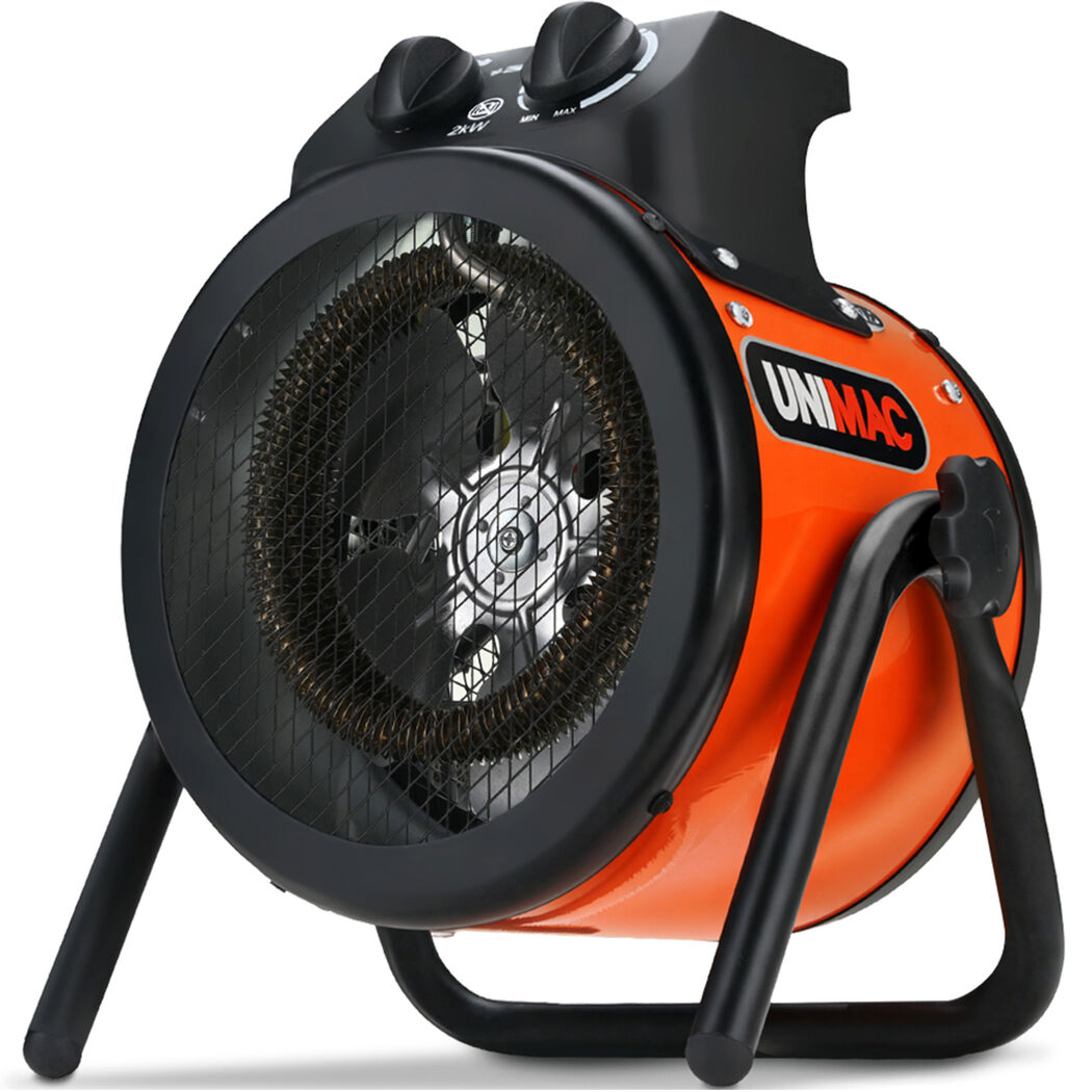 2kW Industrial Electric Space Fan Heater, Tilt Angle, Fast Heating, 2 Heat Settings, Portable for Workshop and Garage Use