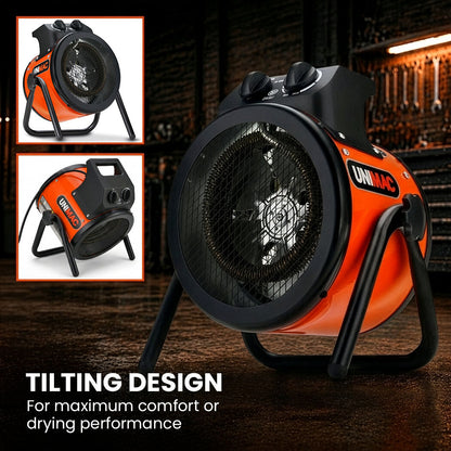 2kW Industrial Electric Space Fan Heater, Tilt Angle, Fast Heating, 2 Heat Settings, Portable for Workshop and Garage Use