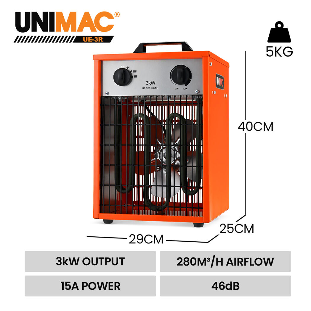 3kW Industrial Electric Fan Heater, 15A, 2 Heat Settings, Fast Heating, Compact Portable Box Design, Workshop Drying Greenhouse Agricultural