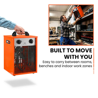 3kW Industrial Electric Fan Heater, 15A, 2 Heat Settings, Fast Heating, Compact Portable Box Design, Workshop Drying Greenhouse Agricultural