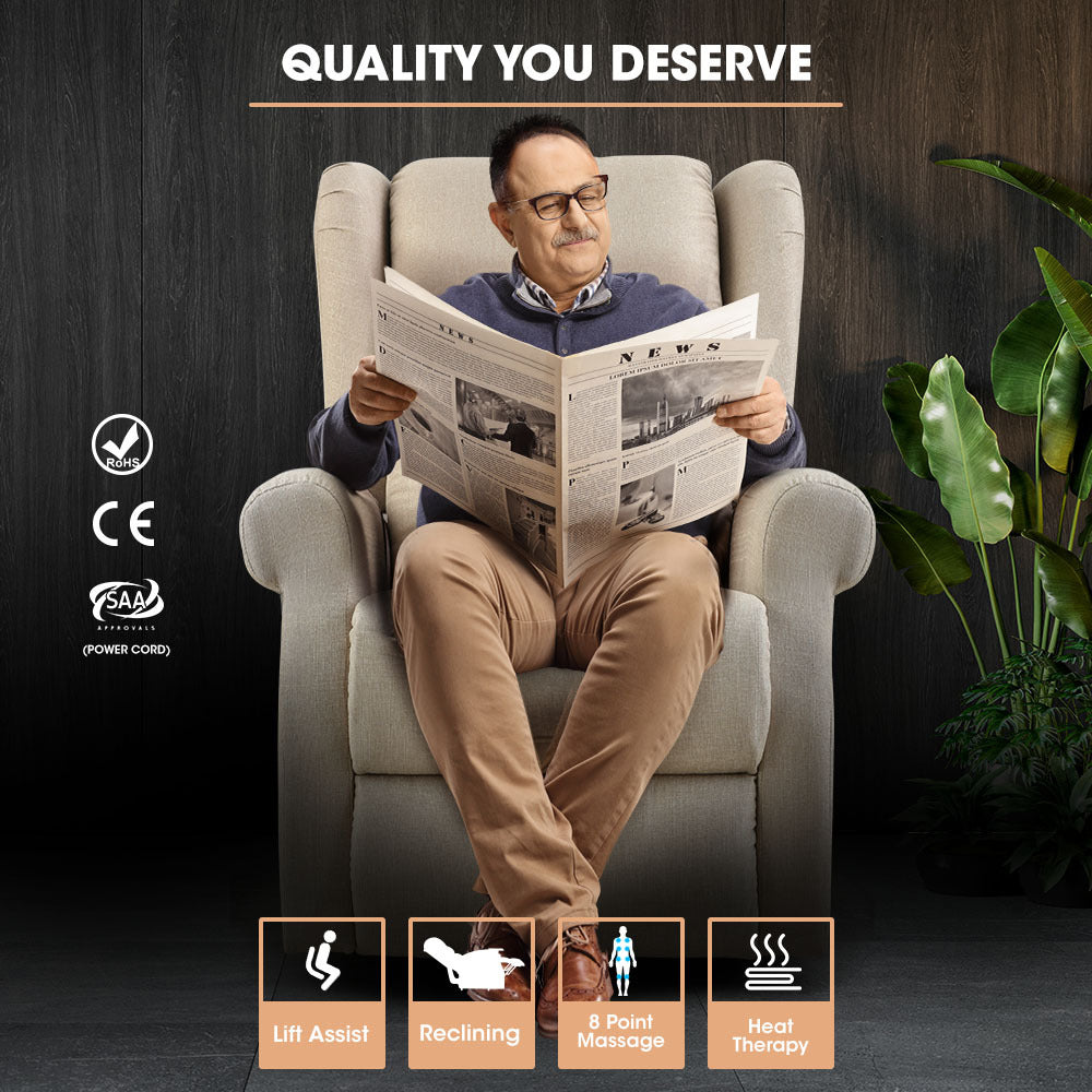 Electric Recliner Lift Chair with Heat & Massage for Seniors - Beige, 0.35m Recline