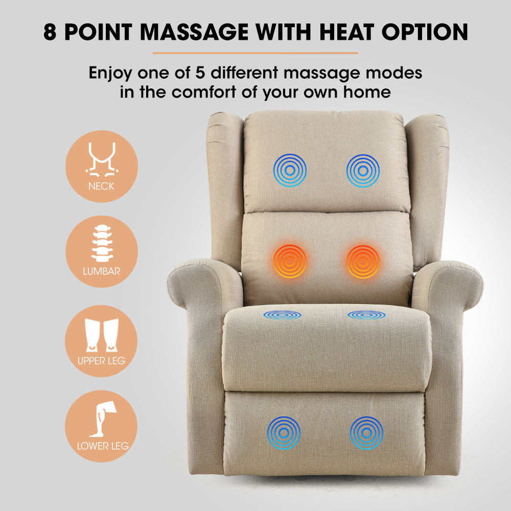 Electric Recliner Lift Chair with Heat & Massage for Seniors - Beige, 0.35m Recline