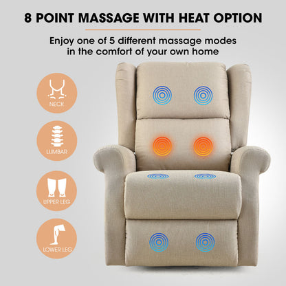 Electric Recliner Lift Chair with Heat & Massage for Seniors - Beige, 0.35m Recline