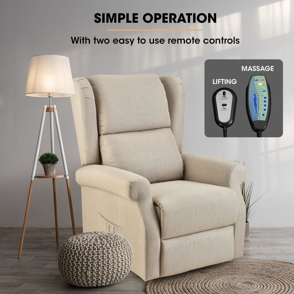 Electric Recliner Lift Chair with Heat & Massage for Seniors - Beige, 0.35m Recline