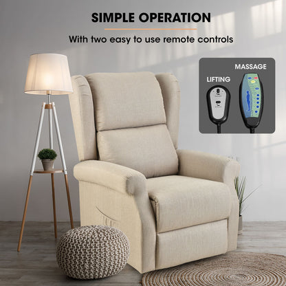 Electric Recliner Lift Chair with Heat & Massage for Seniors - Beige, 0.35m Recline