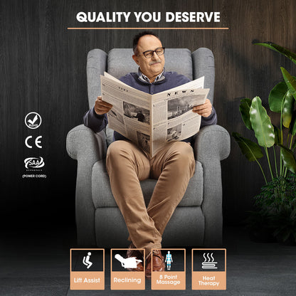 Electric Lift Recliner Chair with Massage & Heat Therapy, 140° Recline, Grey