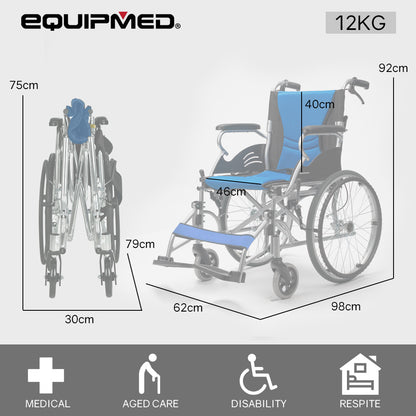 Folding Aluminium Wheelchair, 0.5m Wheels, 100kg Capacity, Lightweight & Blue
