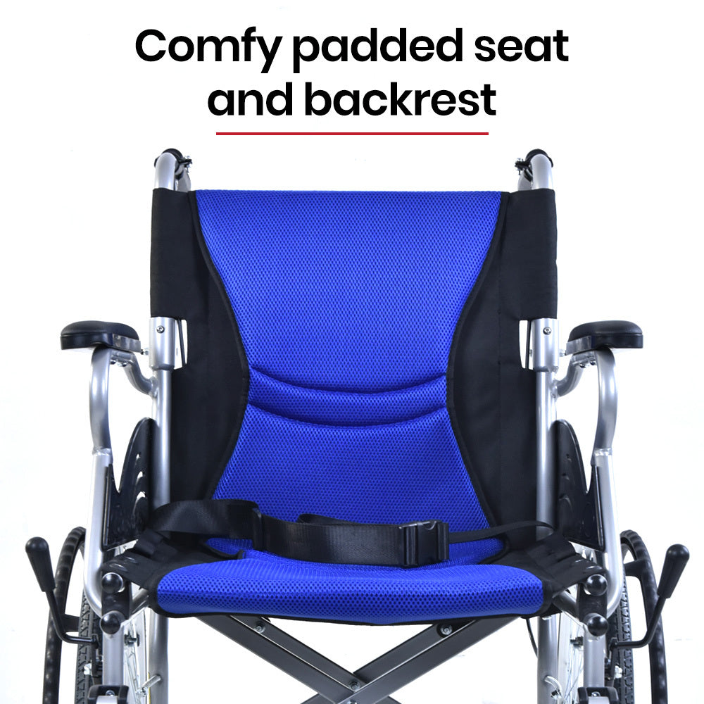 Folding Aluminium Wheelchair, 0.5m Wheels, 100kg Capacity, Lightweight & Blue