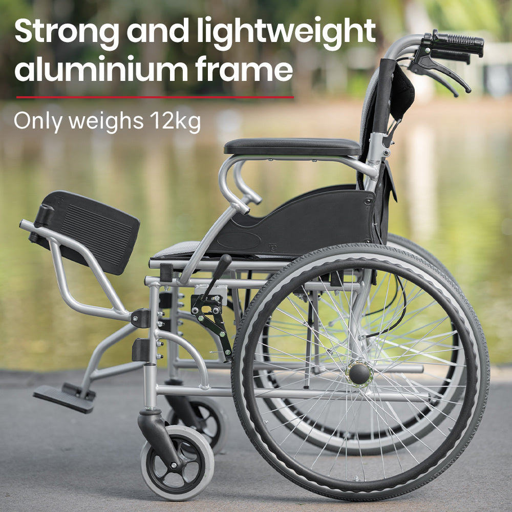 SmartLine Lightweight Folding Wheelchair, 0.5m Wheels, 100kg Capacity, Grey/Black