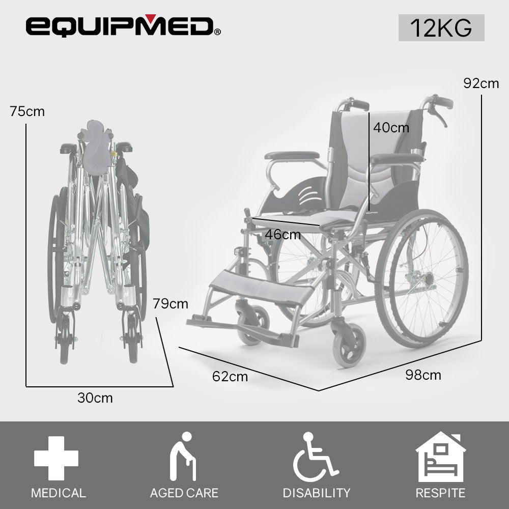 SmartLine Lightweight Folding Wheelchair, 0.5m Wheels, 100kg Capacity, Grey/Black