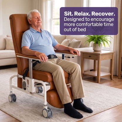 Mobile High-Back Reclining Day Chair, Adjustable and Removable Meal Tray, Drop Down Armrests, 3 Heights, Leg Rest, Waterproof Leatherette