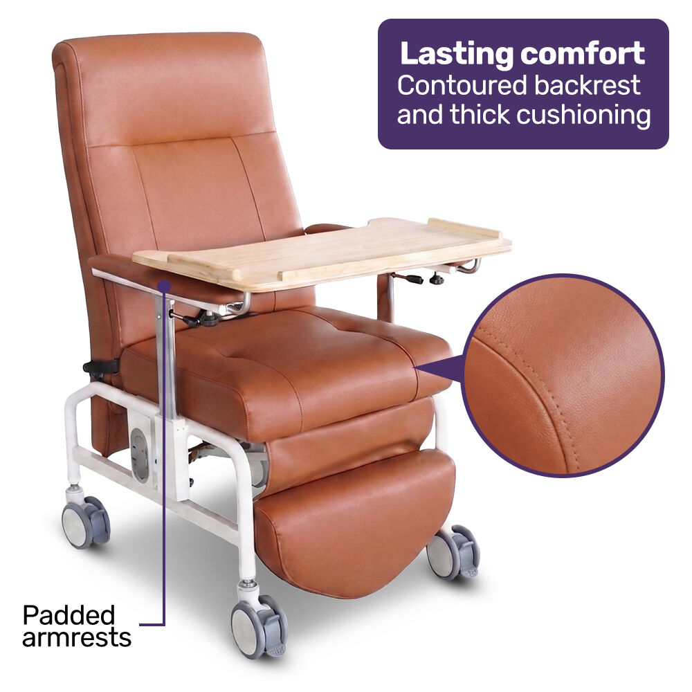 Mobile High-Back Reclining Day Chair, Adjustable and Removable Meal Tray, Drop Down Armrests, 3 Heights, Leg Rest, Waterproof Leatherette
