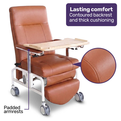 Mobile High-Back Reclining Day Chair, Adjustable and Removable Meal Tray, Drop Down Armrests, 3 Heights, Leg Rest, Waterproof Leatherette