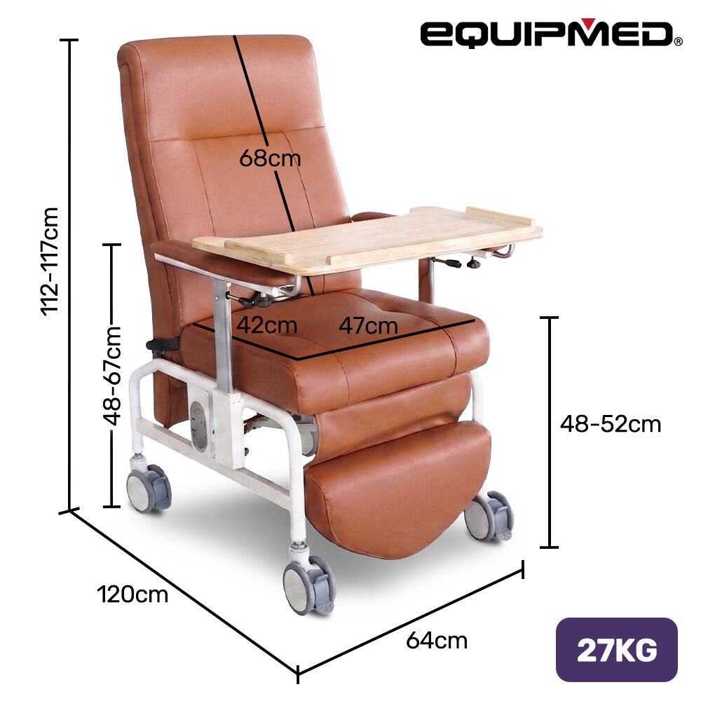 Mobile High-Back Reclining Day Chair, Adjustable and Removable Meal Tray, Drop Down Armrests, 3 Heights, Leg Rest, Waterproof Leatherette
