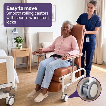 Mobile High-Back Reclining Day Chair, Adjustable and Removable Meal Tray, Drop Down Armrests, 3 Heights, Leg Rest, Waterproof Leatherette