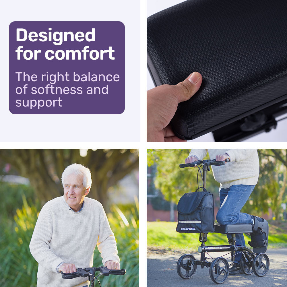 Adjustable Knee Scooter Walker with Dual Brakes, 0.2m Wheels, and Storage Bag